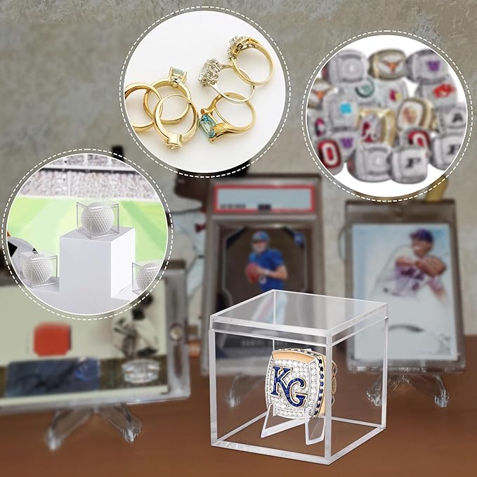 Clear Acrylic Championship Ring Display Case, Memorabilia Stand Cube Holder Dust Protection Transparent Storage Box for Sports Baseball Basketball Fan Souvenir Protection Supplies (2.1 x 2.1 x 2.1)