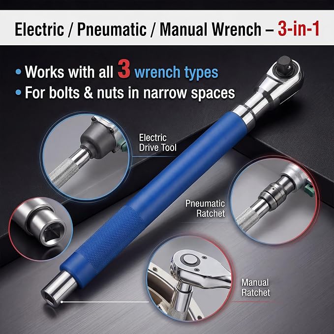 GIRAVO 1/2" Offset Extension Wrench Impact, Manual impact Ratchet Wrench Compatible with Electric Ratchet, Offset Wrench with Versatile 3/8" Square Drive Adapters for Tight Spaces