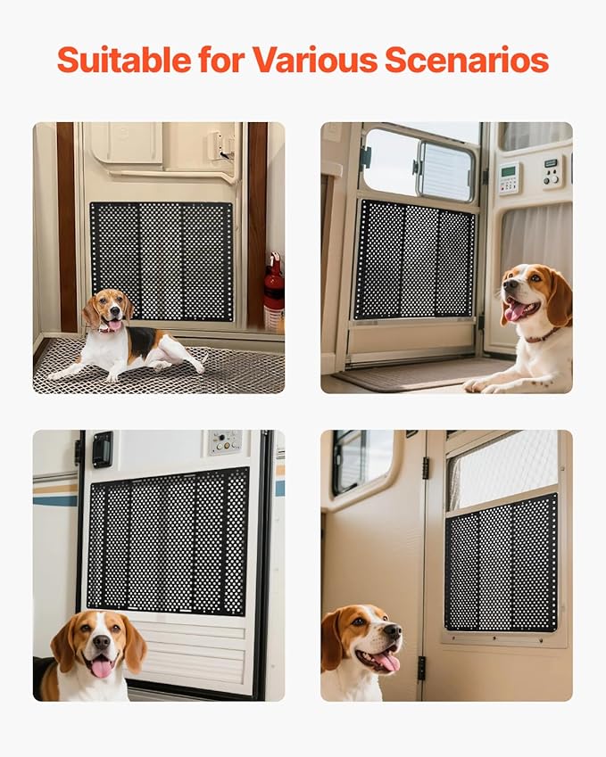 VEVOR RV Screen Door Protector, Adjusts from 22 to 31.5 inch, Adjustable Door Grille, Easy to Install, Reinforced Breathable Honeycomb Holes, Iron Camper RV Entry Protector for Pet Protection, Black