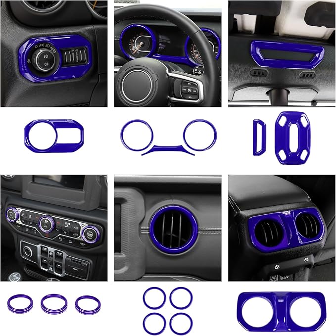CheroCar Purple 20PCS Interior Trim Kit for Jeep Wrangler JL JLU & JT Gladiator 2018-2023,Dashboard,Steering Button Frame,AC Switch,Roof Speaker,Reading Light,Headlight Switch,Rear Air Vent Trim