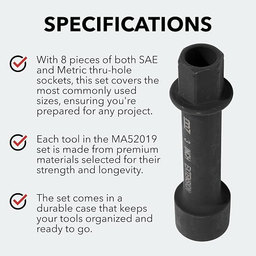 Mighty Seven MA52019 19-Piece Hex Thru-Hole Socket Set, Mechanic Tool Set with Extension Bar and Adapters, Wrench Set for Impact Wrenches, Impact Socket Tool Kit with Range of SAE and Metric Sizes
