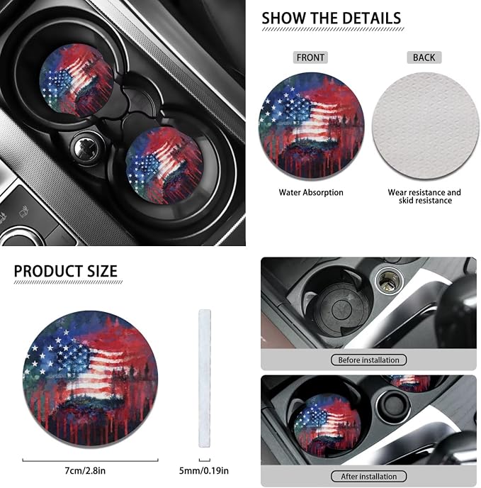 Wanyint Car Seat Cover Set 12 PCS, with Steering Wheel Cover Seat Belt Armrest Handbrake Gear Shift Knob Cover Set Coasters Auto Accessories, Watercolor American Flag Forest