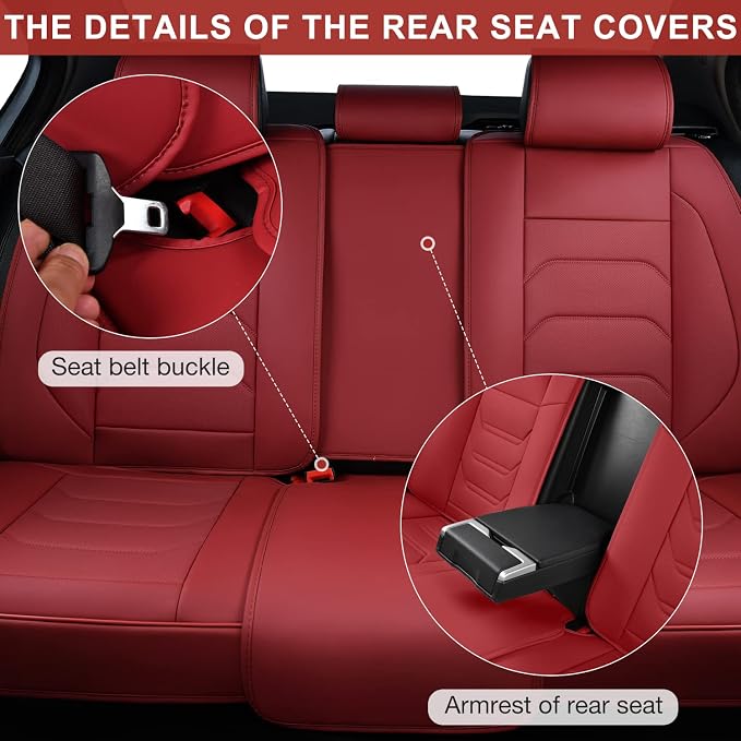 TIEHESYT Martha Red Car Seat Covers Full Set, Breathable Leather Automotive Front and Rear Seat Covers & Headrest for Comfortable Driving, Universal Auto Interior Fit for Most Kinds of Vehicles, Cars