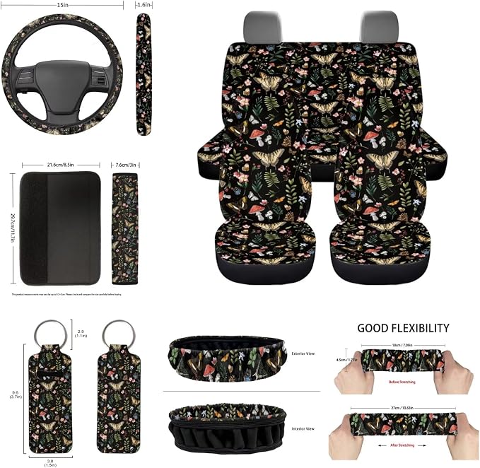 Retro Mushroom Car Seat Cover Back Seat Protection Cover 14pcs Set,Absorbent Coaster+Auto Interior Mirror Cover Accessory+Keychain+Steering Wheel Cover+Gear Shift Knob Handbreak Pads