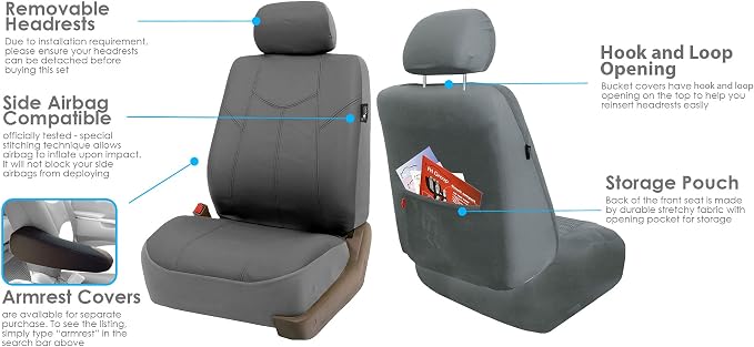 FH Group Automotive Seat Cover Protector Universal Fit Full Set Rome PU Leather Gray - Airbag Compatible and Split Bench Seat Covers for Cars Trucks SUV Combo Vinyl Floor Mats Interior Accessories