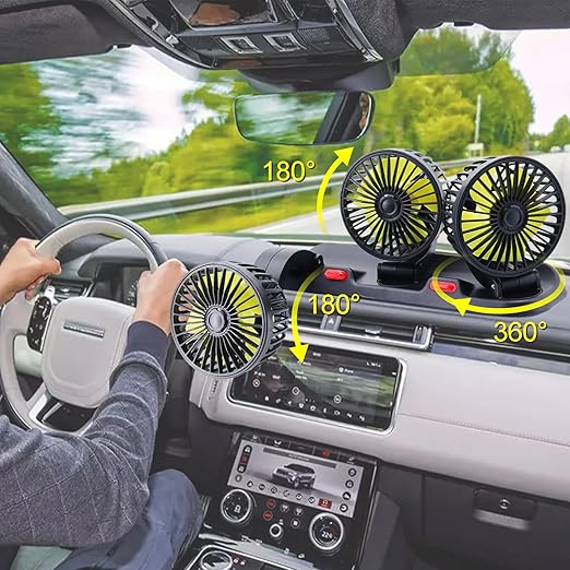 Triple-Head Fan for Car, Portable Car Fans for Vehicles Cars RV Vent with 360°Rotation Cigarette Lighter Plug