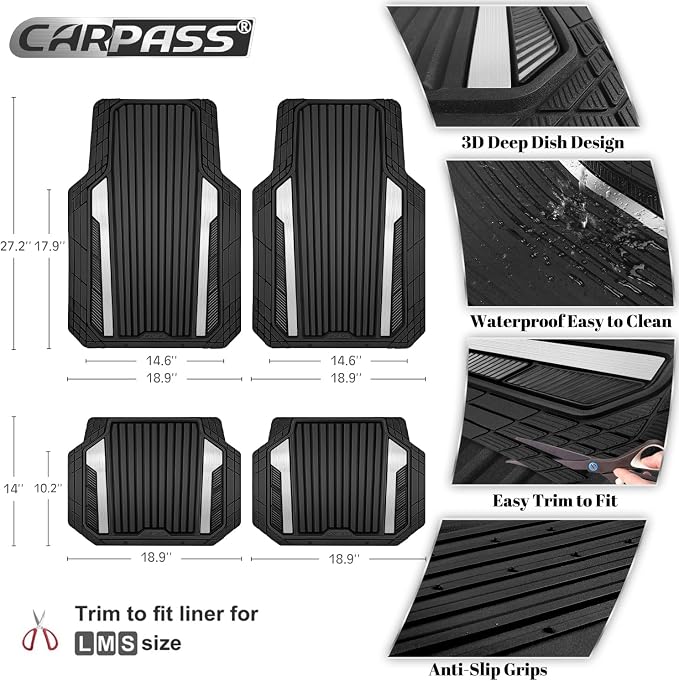 CAR PASS Heavy Duty Rubber Car Mats Metallic, Aluminum Film All Weather Floor Mats Waterproof Universal Trim to Fit for SUV Sedan Van 4 Piece Deep Dish Two-Tone Sporty Black Silver Chrome