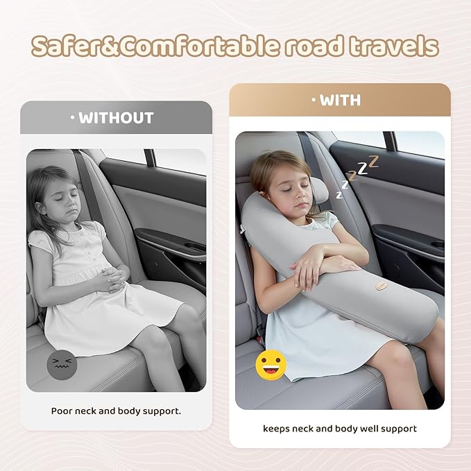FLORICH Memory Foam Kids Travel Pillow, Car Sleeping Pillow, F-Shape Car Pillows for Adults and Children, Traveling Car Pillow for Kids with Removable Pillowcase (Dark Grey)