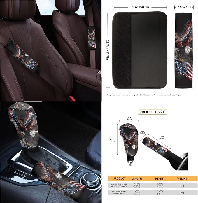 Eagle Print Car Seat Covers Full Set for Men American Flag Print Front and Rear Car Seat Covers with Gear Lever Cover Handbrake Cover Garbage Bag Safety Belt Pads Cup Cushions