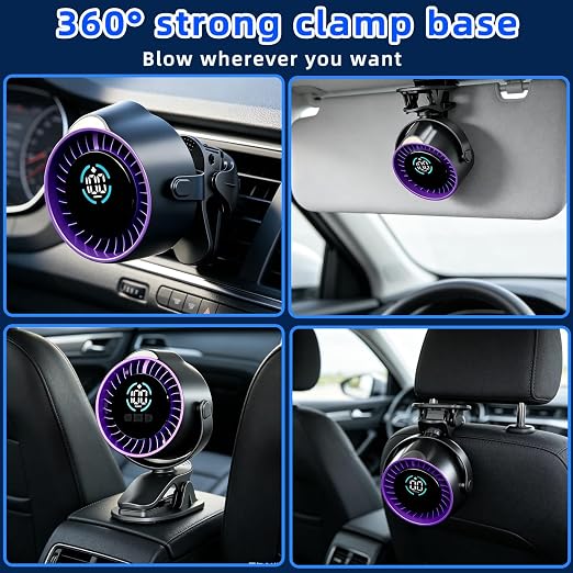 2026 Upgrade Portable Car Fan,Clip‑on/Hang/Stand 3D Circulating Air Car Cooler with LED Display,USB Rechargeable Quiet Vehicle Fan for SUV Truck RV,Ideal Summer Gift for Drivers