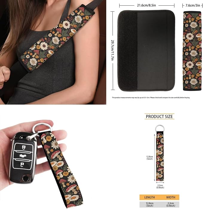 Mushroom Dasiy Car Seat Cover Split Covers for Women Men, Car Steering Wheel Cover Seat Belt Strap Pad Trash Bag Rearview Mirror Accessories Cup Holder Key Chain, 15 PCS