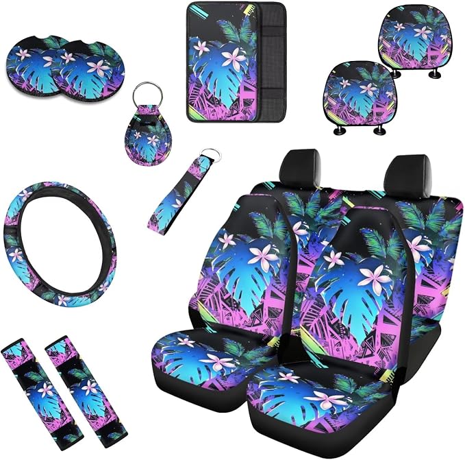 Tropical 13 Pcs Car Seat Cover Set, Palm Leaf Cyberpunk Polyester Front Seat Rear Auto Armrest Cover, Neon Gradient Steering Wheel Sleeve Full Set Cars Headrest