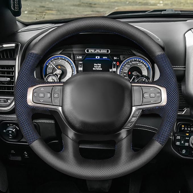 MEWANT Hand-Stitched Steering Wheel Cover Wrap for Dodge Ram 1500 2019-2023 Steering Wheel Accessories for Dodge Ram(Backsides Without Buttons)