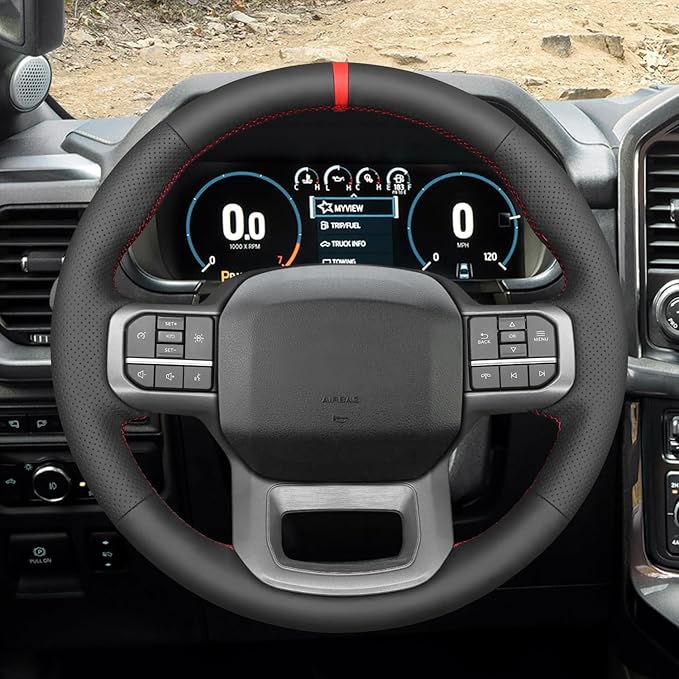 Black Leather Carbon Fiber Suede Steering Wheel Cover for Ford F-150 2021-2026 /Ford F-250 F-350 F-450 F-55- F600 2023 2024 2025 2026/Ford Expedition 2022-2024 Accessories Custom OEM Parts