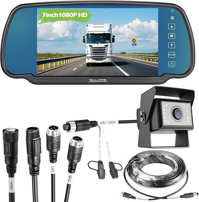Backup camere System for Truck, VECLESUS VBS 1080P 7-Inch Mirror Monitor Backup Camera System, HD IR Night Vision, Waterproof Rearview Camera,2 Video 2 Audio Inputs, for Trucks,RVs,Vans,SUVs and Cars