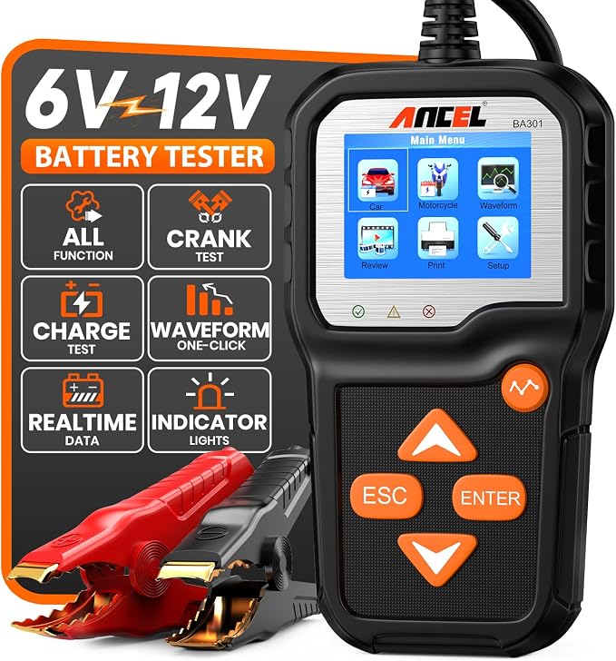 ANCEL BA301 6V 12V Car Battery Tester, 100-2000 CCA Automotive Load Tester Alternator Tester Auto Digital Battery Analyzer Cranking and Charging System Test Tool for Motorcycle Car Boat Truck SUV ATV
