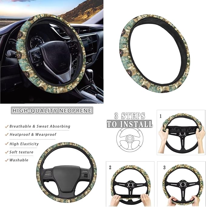 Pug Dog Butterfly Daisy Print Car Accessories Pack of 13, 4 Pieces Auto Front and Back Seat Covers + 4 Pieces Seat Belt Cover Pad + 1 Piece Steering Wheel Cover + 4 Pieces Cup Coasters