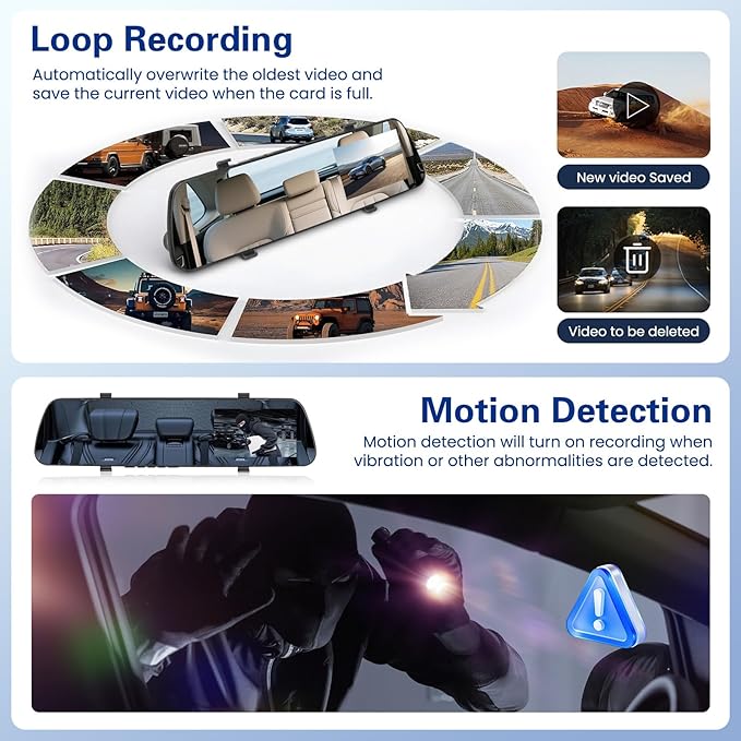 1080P Dual Lens Rear View Mirror Camera, 4 Inch Touchscreen Mirror Dash Cam Front and Rear, Exposure Adjustment/Loop Recording/Motion Detection/Parking Assistance + Backup Camera