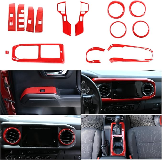 Lcojicep 14PCS Full Set Interior Decoration Trim Kit Compatible with Toyot@ Tacoma 2016-2022 Central Control Dashboard Frame Cover Shift Knob Cover Air Vent Trim Cover Window Button Cover (Sport Red)