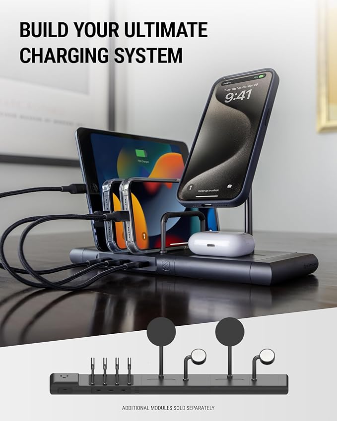 Scosche BaseLynx 2.0 Multi Charging Station with Qi2 15W Magnetic Wireless Charger Stand, 5W Charging pad for AirPods, 3-Port 60W USB-C Fast Charger Compatible with Apple iPhone, MagSafe, Samsung