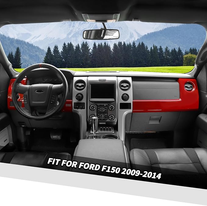 Jimen Fit for Ford F150 2009-2014, 3PCS Center Console Dash Panel Cover Trim (Red)
