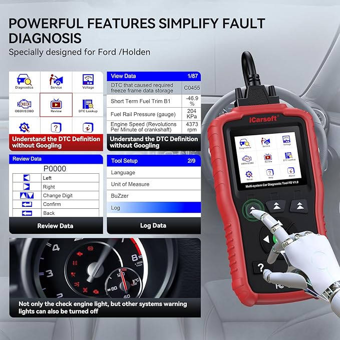 iCarsoft OBD2 Scanner for Ford/Holden, FD V1.0 All System in-Depth Diagnostic Scan Tool, Oil/SAS Reset/Live Data, ABS Airbag Engine Transmission Code Reader OBD2/EOBD/CAN Scan Tool
