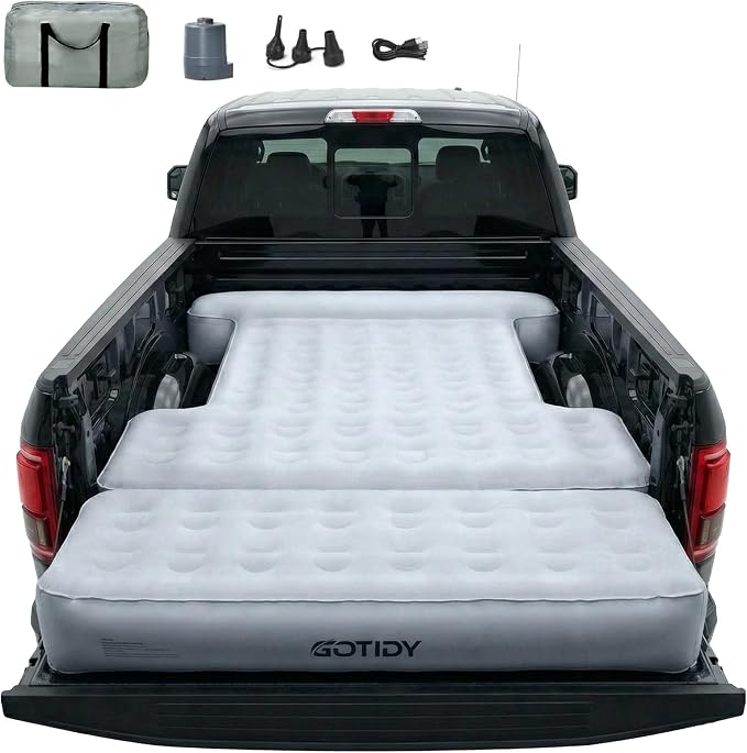 Comfortable Fabric Texture Truck Bed Mattress 5.5-5.8ft for Full-Size Pickup with extender, Truck Bed Air Mattress Customized for Tundra/ F150/ Silverado/ Ram1500, with Bult-in-Air Pump,Camping