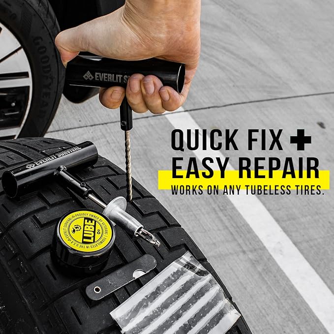 EVERLIT All-in-One Tire Repair Kit with Air Compressor – 150 PSI Portable Cordless Tire Inflator & Plug Kit – Flat Tire Emergency Roadside Kit for Car, SUV, Truck & Motorcycle Fast Repair & Inflation