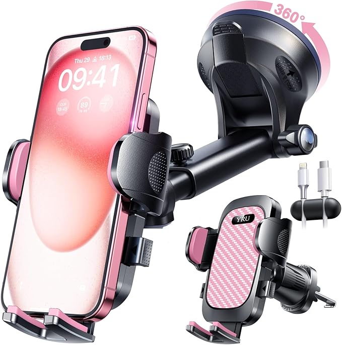 YRU True Military-Grade [360° Rotation Suction] 2026 Ultimate Car Phone Holder Mount 【90+LBS Safest Strongest & Patent Certs】 Dashboard Windshield Vent for iPhone 17 16 Pro Max Samsung, Pale Pink