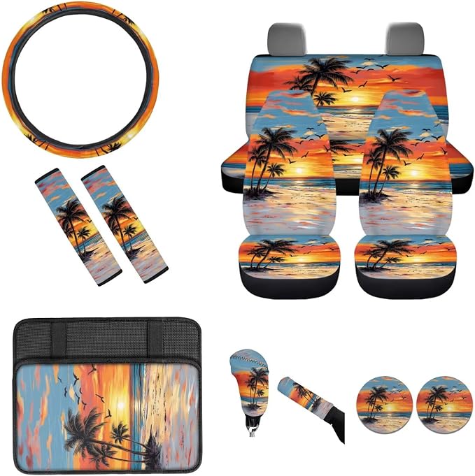 BIGCARJOB Hawaii Palm Car Seat Covers Set for Front and Rear 12 Pcs Car Interior Accessories Full Set with Console Cover,Steering Wheel Covers,Seat Belt Pads