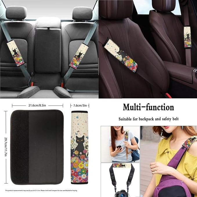 Suobstales Cat Butterfly Daisy Flower Print Car Accessories with Car Front Rear Split Seat Covers, Seat Belt Pads + Steering Wheel Cover + Coaster + Keyrings for Women Set of 11-Pcs