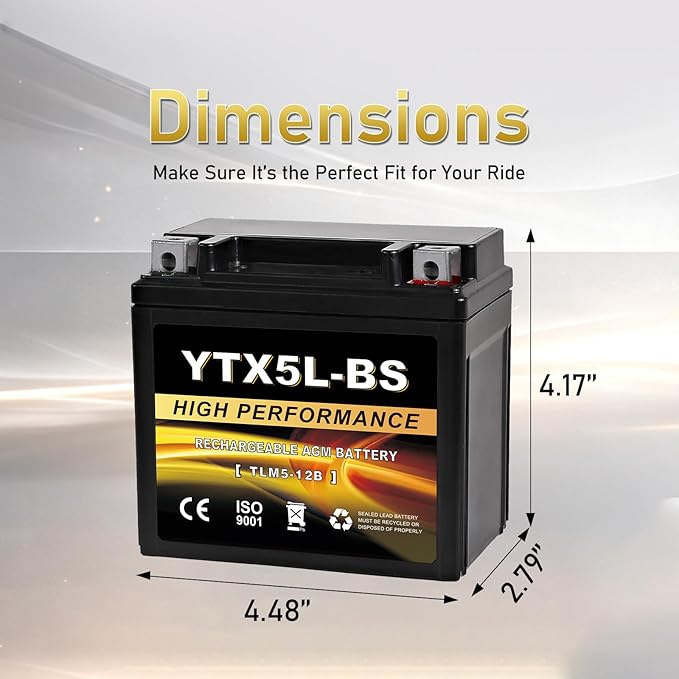 YTX5L-BS 12V 4Ah AGM Sealed Motorcycle Battery, Maintenance-Free, Compatible with Honda YUASA Yamaha ETX5L-BS Batteries