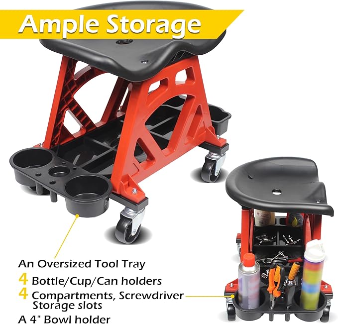 MaxWorks 50957 Ergonomic Seat Mechanic Stool Chair 22.9" L x 13.9" W x 17" H, with 4pcs 2.5" Swivel Casters, with Tool Tray for Workshop, Garage, Auto Repair - 300 Lbs Capacity