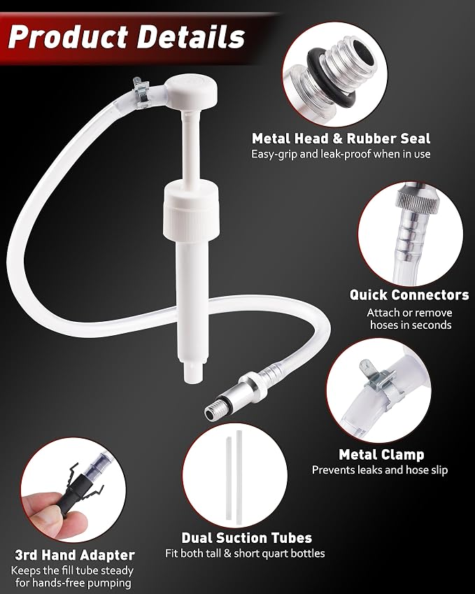 Lower Unit Gear Oil Pump for Standard Quart Bottles, 8cc Pump per Stroke, Transfer Gear Oil, Differential & Tramsmission Fluid, Hand Fluid Pump for 28mm bottle caps, 3 Metal & 3rd Adapters