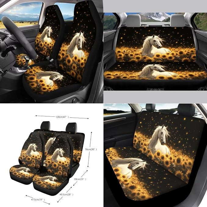 Horse Sunflower Print 15Pcs Car Seat Cover Full Set Car Steering Wheel Cover Seat Belt Cover Trash Bin Air Vent Storage Box Front Rear View Mirror Car Cup Holder Keychain, Black