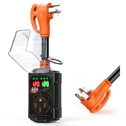 Vehiker 50 Amp RV Surge Protector, Industry-Leading 18000 Joules Power Guard, Circuit Analyzer with Real-Time Dual Voltage Display, Waterproof Cover, Ergonomic Handle, Heavy Duty RV Accessories