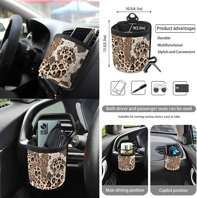Brown Cow Leopard Pattern Car Seat Covers Full Set Steering Wheel Cover Trash Can Air Vent Storage Bag Seatbelt Covers Rearview Mirror Cover Cup Coasters 15pcs Car Interior