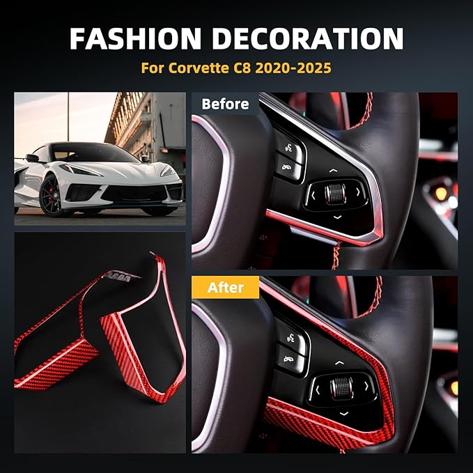 Real Carbon Fiber Steering Wheel Button Frame Covers - for Corvette C8 2020 2021 2022 2023 2024 2025 Carbon Fiber Accessories, Durable Anti-Scratch Protective Accessories (Red)