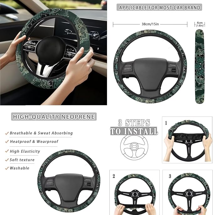 Green Mandala Floral Car Accessories Car Seats Cover Protector, Steering Wheel Covers, Seatbelt Cover, Car Trash Can, Cup Coasters, Rearview Mirror Cover, Keychains, Pack of 15