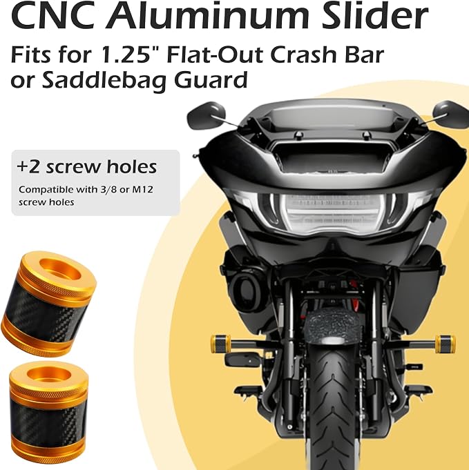 Crash Bar Sliders End Caps CNC Carbon Fiber Inlay Decorative Sliders Fits for 1.25" Front Engine Guard Rear Saddlebag Guard CNC 60mm (Gold)
