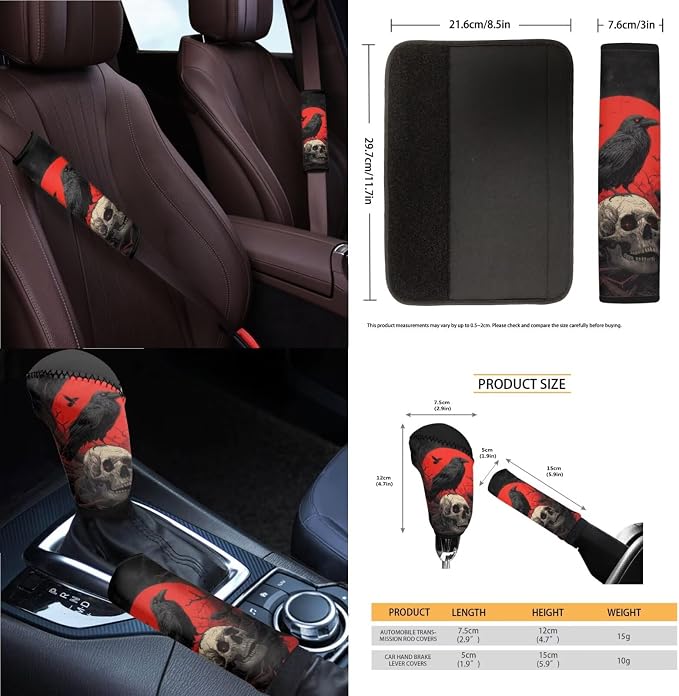 Crow Skull Print Full Set Car Seat Covers with Steering Wheel Cover Armrest Cushion Safety Belt Pads Car Rearview Mirror Cover Gear Shift Knob and Handbrake Covers Trash Bag