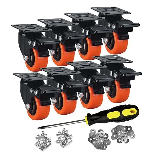 2" Caster Wheels Set of 8, Heavy Duty with Brake | No Noise, Locking, Polyurethane (PU) Wheels, Swivel Plate, Orange, Pack of 8