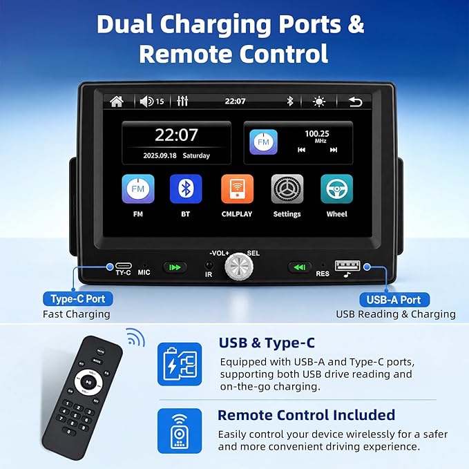 7 Inch Single Din HD Touchscreen Car Stereo CarPlay Android Auto, 1 Din Android Car Stereo with Bluetooth 5.0, Mirror Link, FM, Steering Wheel Control, EQ, USB/Type-C, Supports Reversing Camera