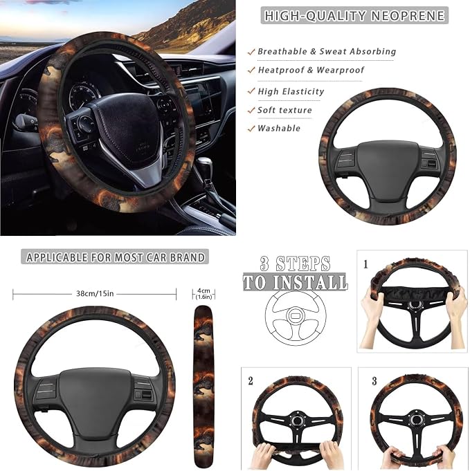 Xoenoiee Horse and Galaxy Print 11 Pcs Car Accessories with Front & Rear Auto Seats Covers, Steering Wheel Cover, Seat Belt Pads, Cup Coaster, 2 Pcs Keyrings - Universal Fit