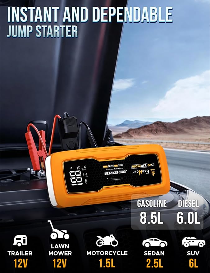 EcoNour 2500A Portable Car Jump Starter – 12V Battery Booster Pack Up to 8.5L Gas & 6L Diesel Engines – Heavy-Duty Jump Box with Smart Jumper Cables, USB Charger, LED Flashlight – for Cars,SUVs,Trucks
