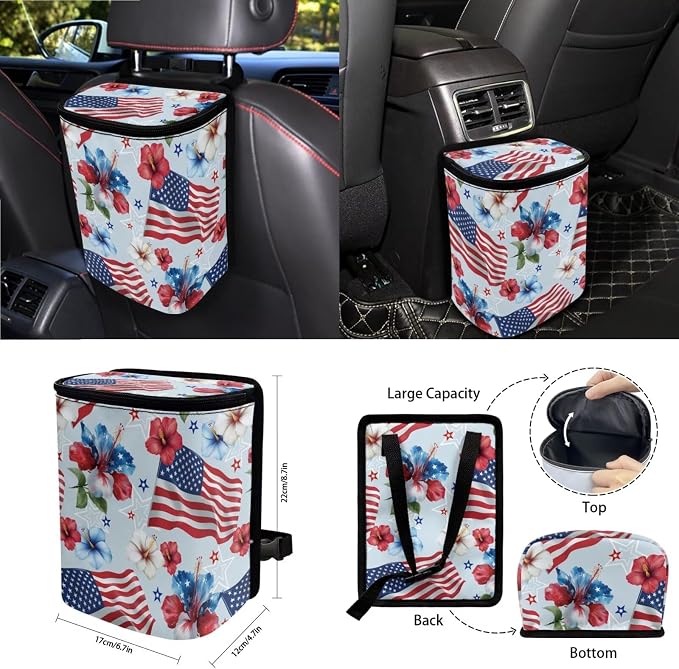 Car Seat Cover Sets Steering Wheel&Seat Belt Cover Trash Bin Air Vent Storage Box Front Rear View Mirror Cover Car Cup Holder Keychain 15Pcs Car Accessories American Flag Hibiscus Floral