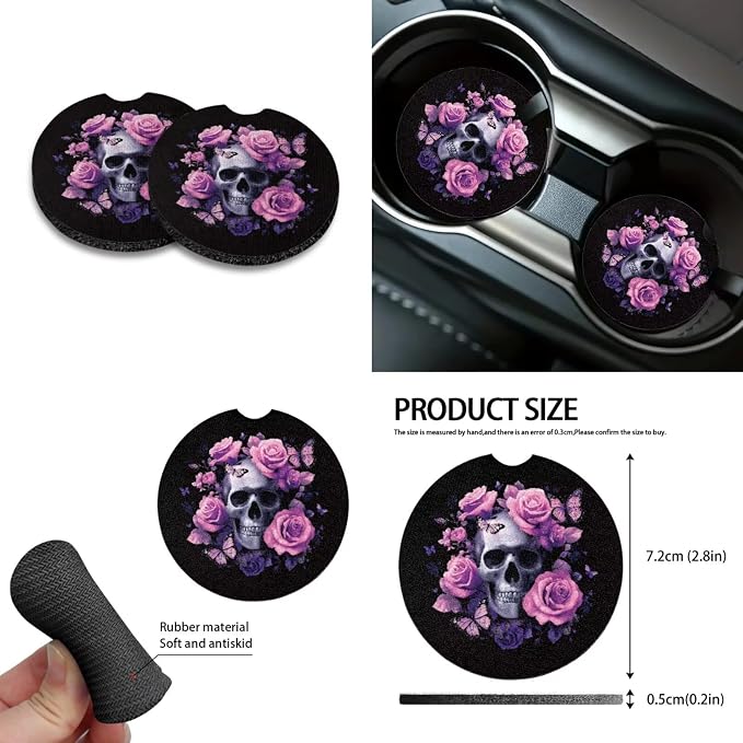 Skull Rose Pink Print 10 Pack Car Seat Covers Set Wear-Resistan Front Rear Seat Covers, Steering Wheel Cover, Air Vent Storage, Garbage Can, Cup Coaster, Keychain for SUV Truck