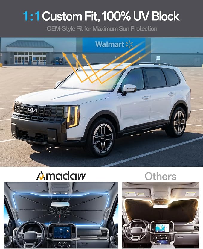 Windshield Sun Shade for Kia Telluride 2020–2026, Foldable Umbrella Sunshade with 100% UV Block, Multi-Layer Heat Insulation, Reinforced 10-Rib Frame, Keeps Car Cooler, Summer Car Accessory