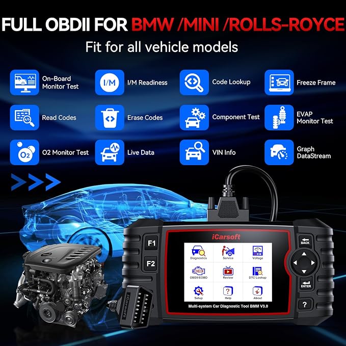 iCarsoft Bidirectional Diagnostic Tool for BMW/Rolls-Royce/Mini, BMM V3.0 All Resets/Battery Registration/ECU Coding Full System OBD2 Scanner for BMW Code Reader, Battery Test,Auto VIN-2025 Ver