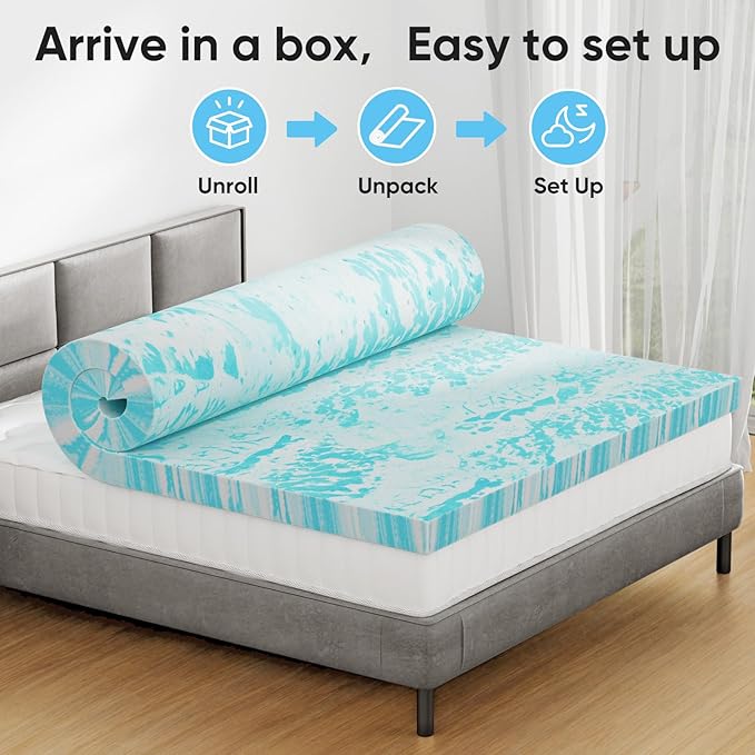 OLIXIS 2 Inch Full Size Gel Infused Memory Foam Mattress Topper, a Soft Breathable Cooling Bed Pad, a Comfortable Bed Mattress Overlay for Bedroom, RV, Camper and Sleeper Sofa, CertiPUR-US Certified